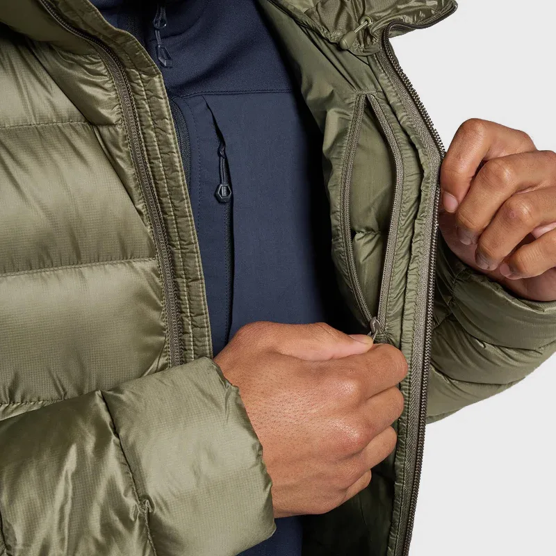 Men’s Cotton-Filled Puffer Jacket — Olive, Red & Navy — Olive Green, inside zip pocket detail