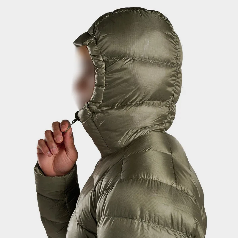 Men’s Cotton-Filled Puffer Jacket — Olive, Red & Navy — Olive Green, hood worn, side view
