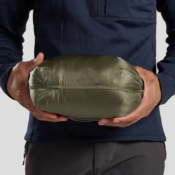 Men’s Cotton-Filled Puffer Jacket — Olive, Red & Navy — Olive Green, packed into its pouch