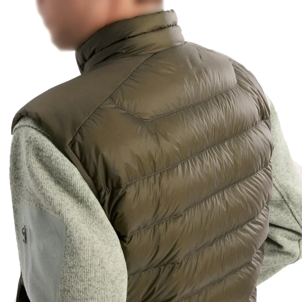 Men’s Cotton-Filled Puffer Vest — Army Green & Black — Army Green, back view, worn over fleece