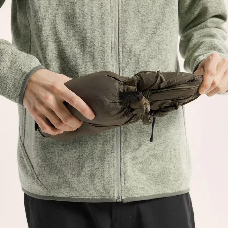 Men’s Cotton-Filled Puffer Vest — Army Green & Black — Army Green, stuffed into its sack, worn shot