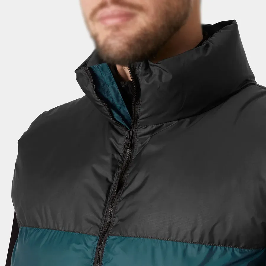 Men’s Cotton-Filled Two-Tone Puffer Vest — Black/Teal Green, collar close-up, worn