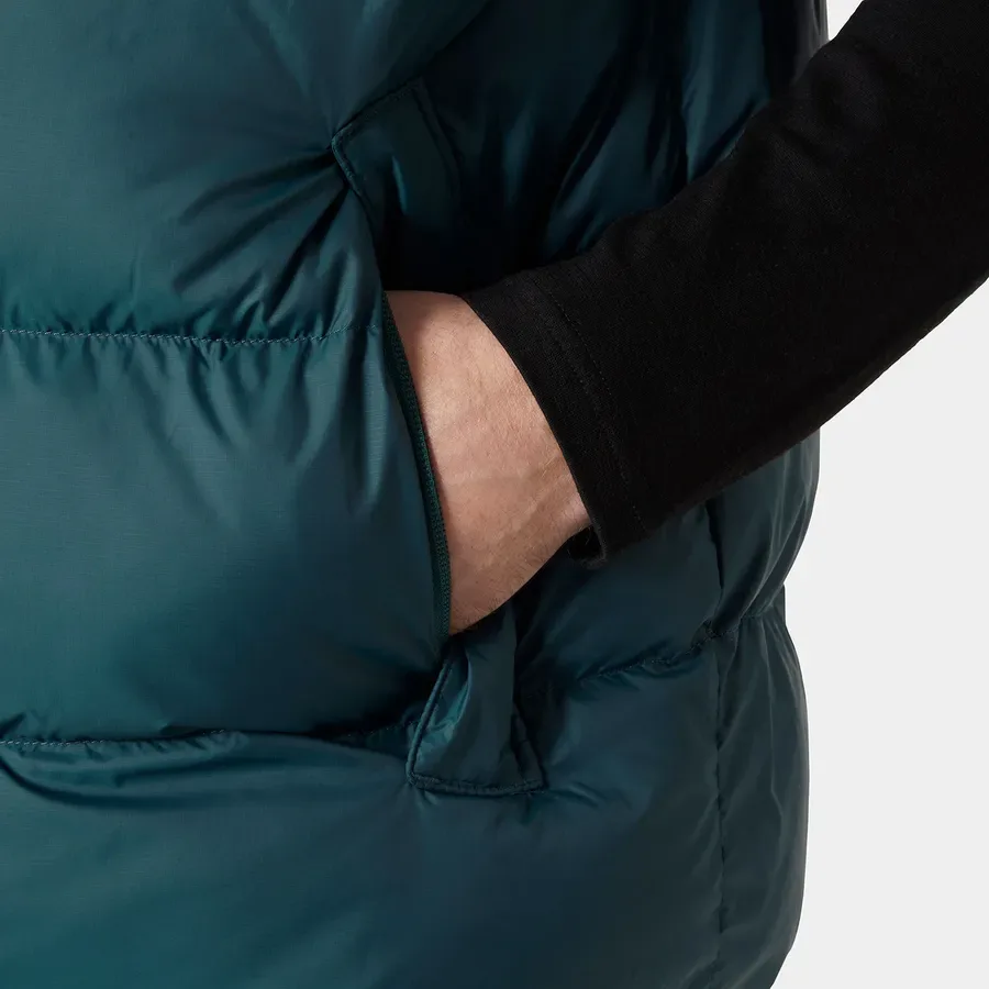 Men’s Cotton-Filled Two-Tone Puffer Vest — Black/Teal Green, pocket close-up