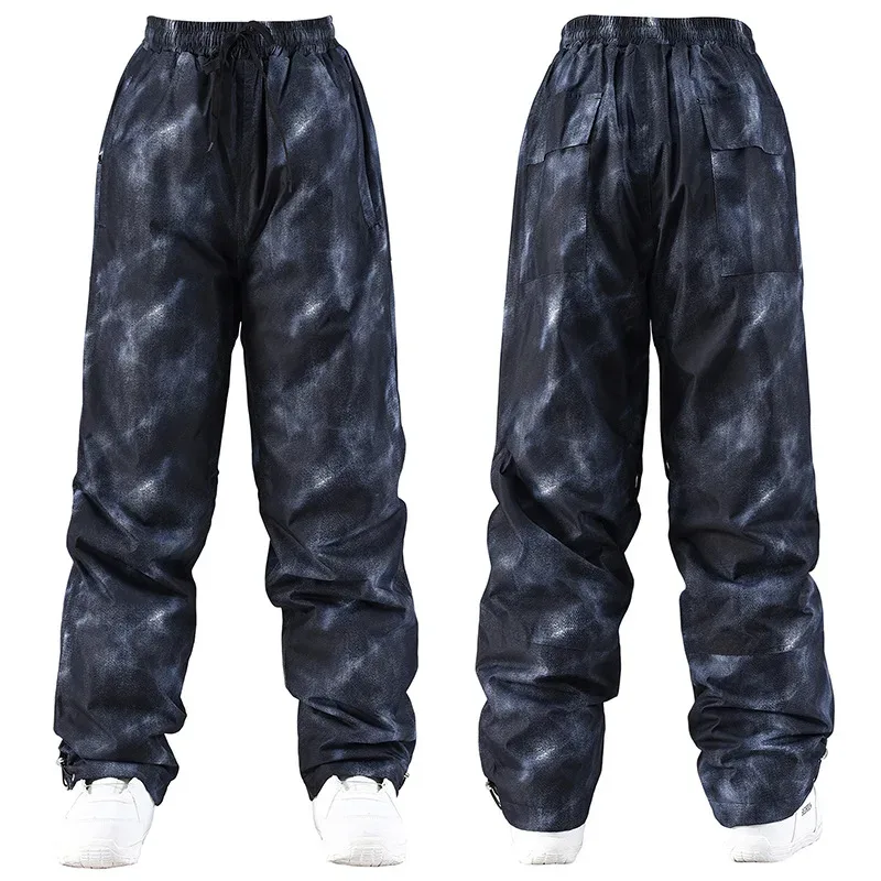 Men's denim-look snow pants in Denim Black — washed denim-look print, front and back view, flat lay