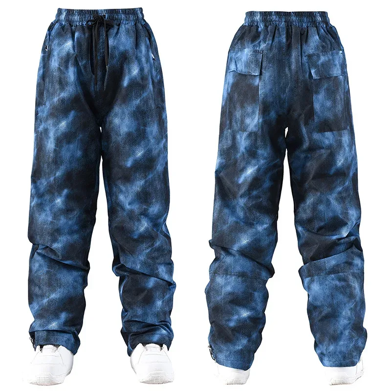 Men's denim-look snow pants in Denim Blue — washed denim-look print, front and back view, flat lay