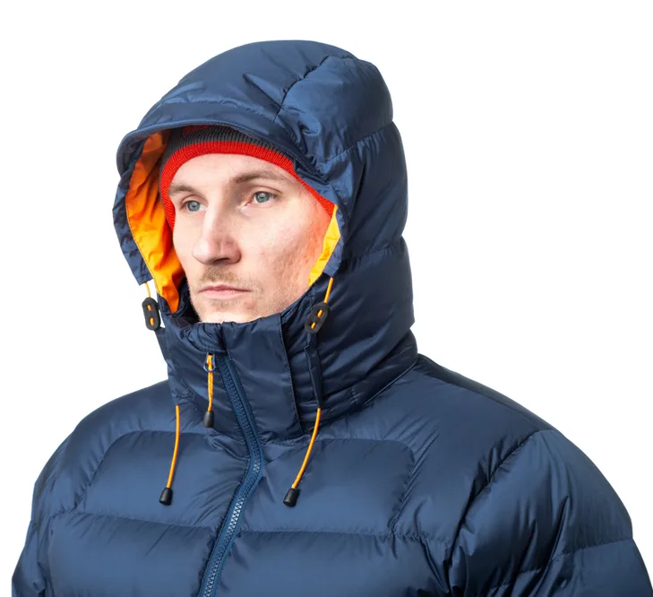 Men’s Down Jacket — Navy, Dark Green & Black — Navy, front view, worn with the hood up