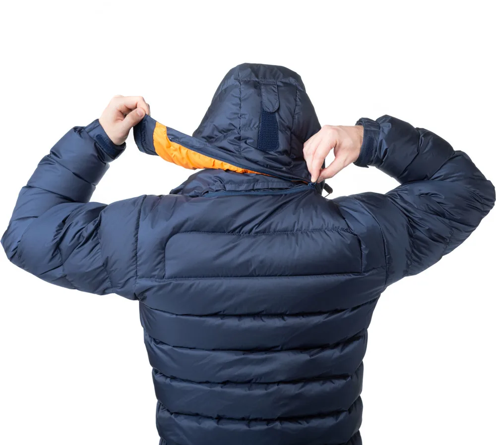 Men’s Down Jacket — Navy, Dark Green & Black — Navy, back view and hood adjustment