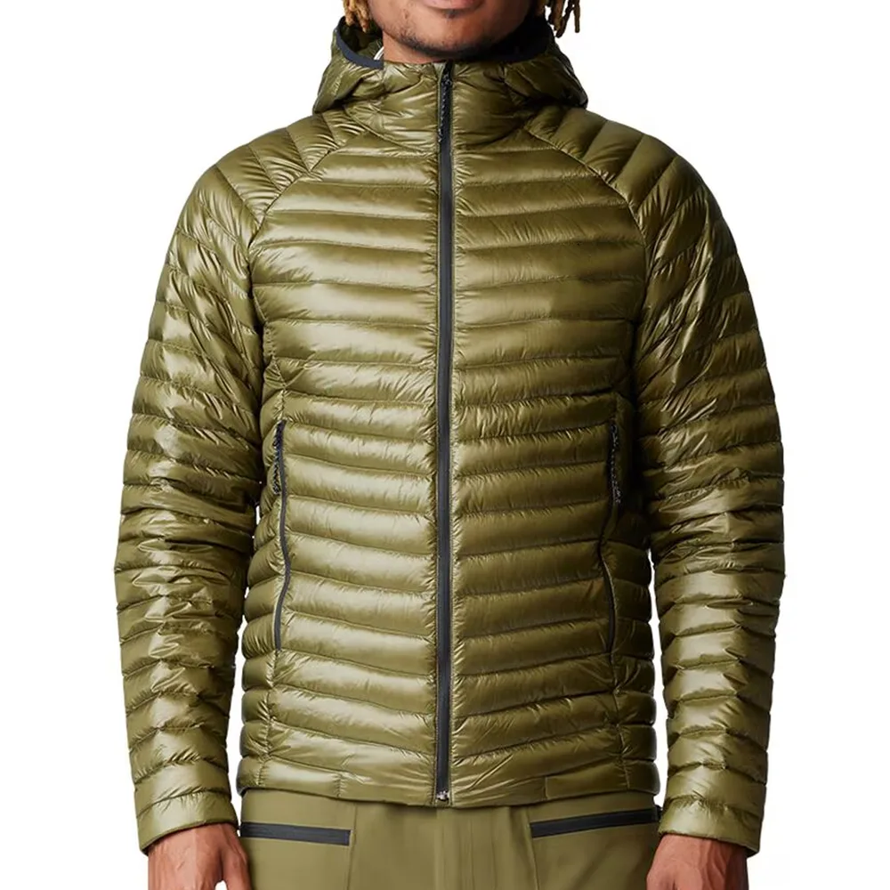 Men’s Down Jacket — Olive & Mustard Yellow — Olive/Army Green, front view, worn