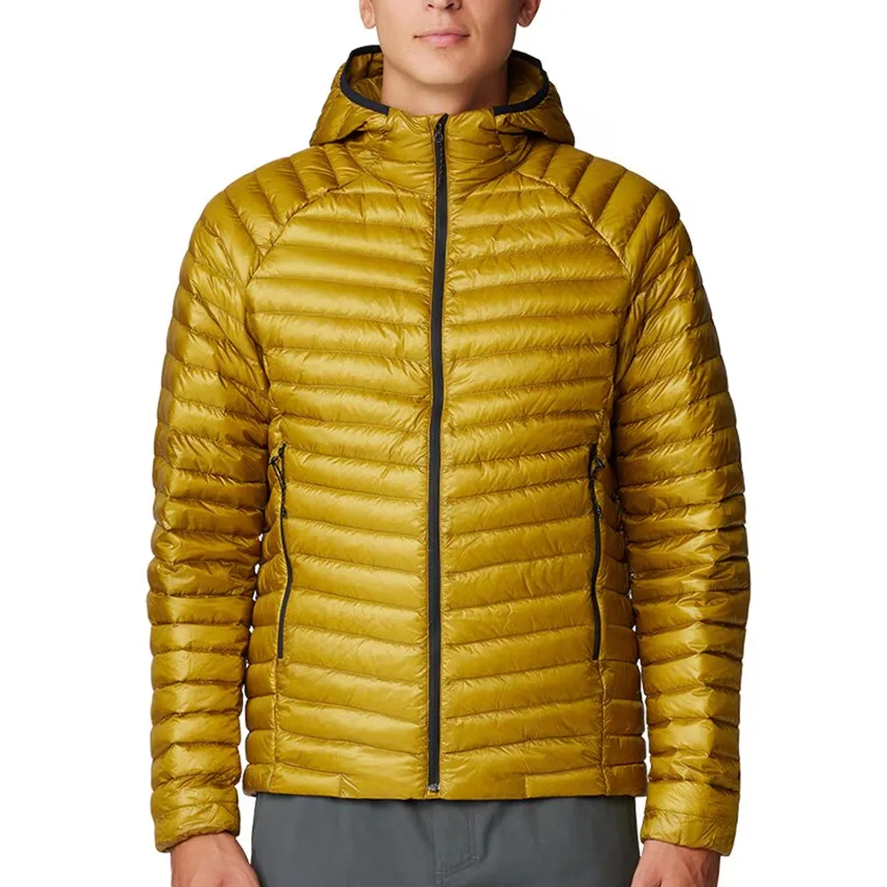 Men’s Down Jacket — Olive & Mustard Yellow — Mustard Yellow, front view, worn