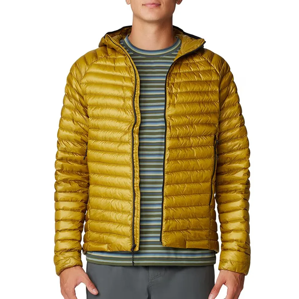 Men’s Down Jacket — Olive & Mustard Yellow — Mustard Yellow, front view, worn open