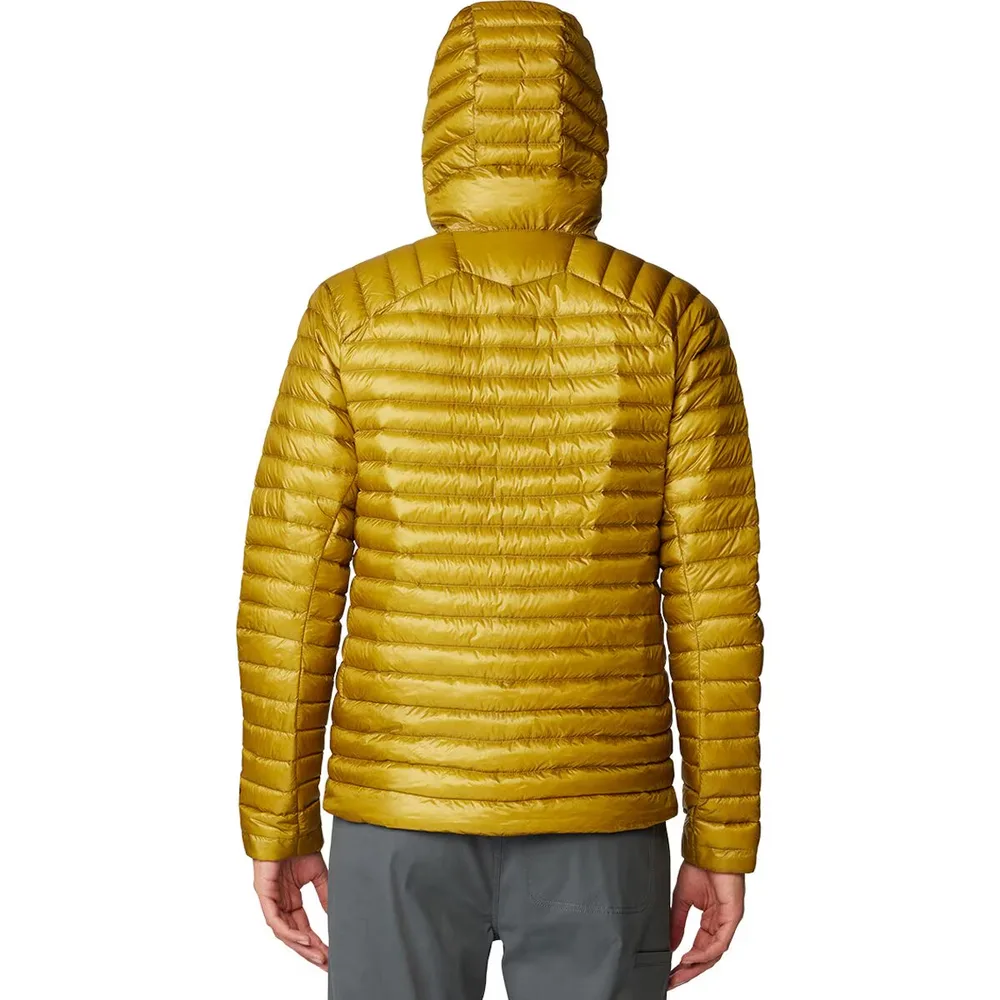 Men’s Down Jacket — Olive & Mustard Yellow — Mustard Yellow, back view, hood up