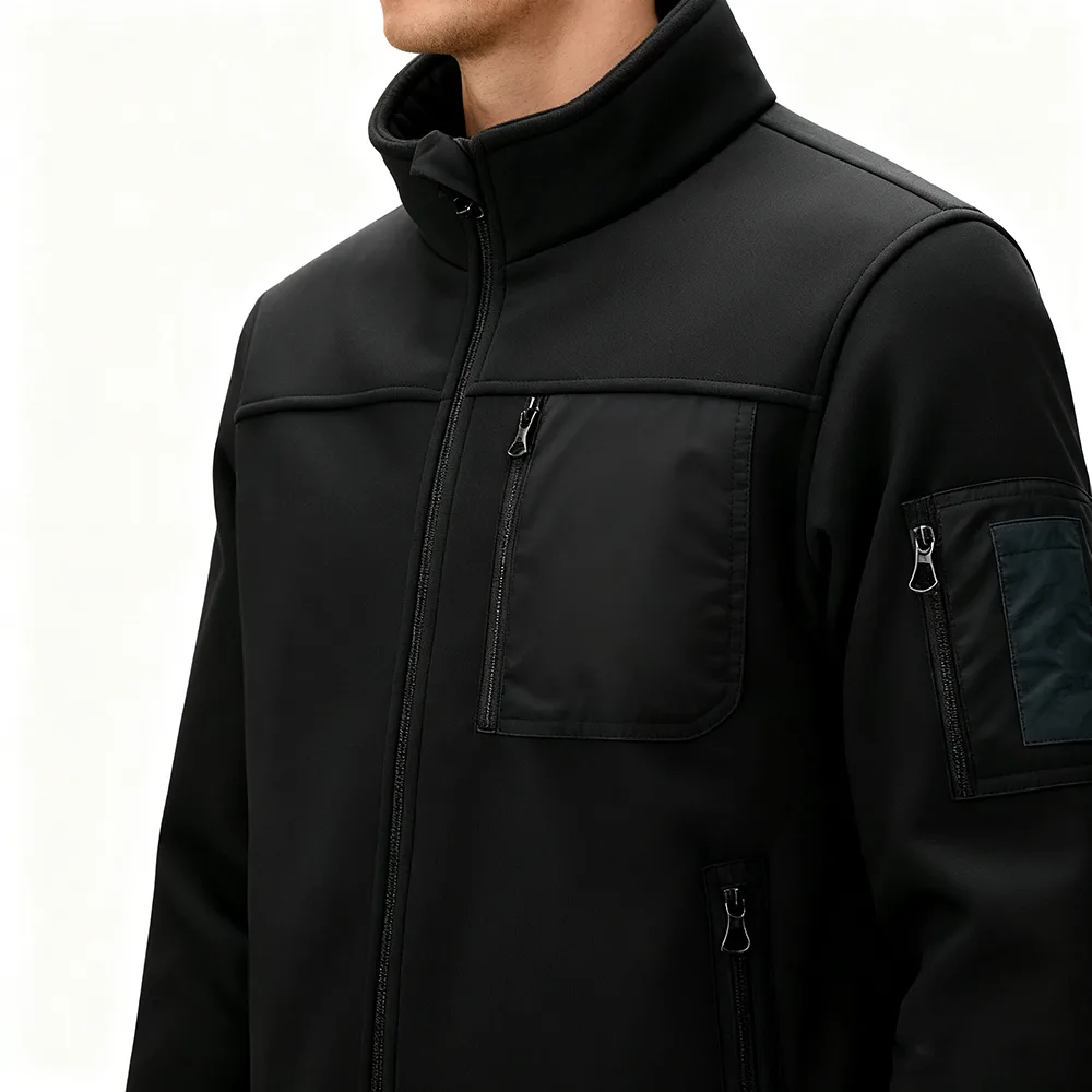 Men’s Fleece Jacket — Black & Green — Black, collar and chest detail, worn