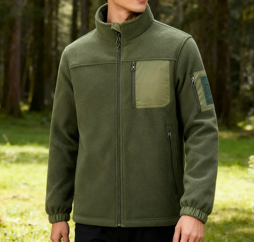 Men’s Fleece Jacket — Black & Green — Green, front view, worn outdoors