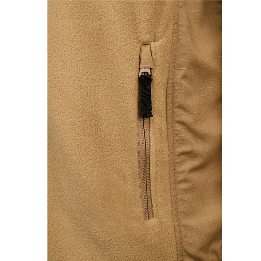 Men’s Fleece Jacket — Brown, Black & Army Green — Brown, chest zip close-up