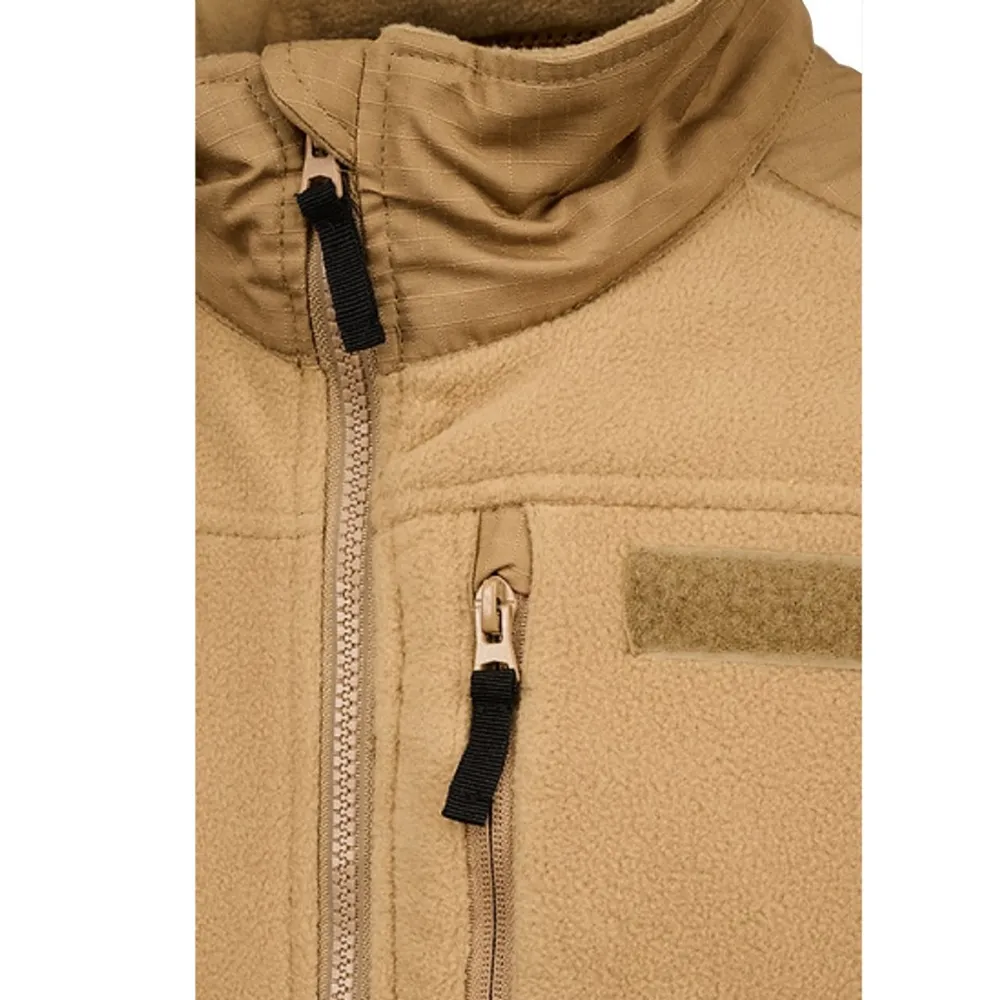 Men’s Fleece Jacket — Brown, Black & Army Green — Brown, zip and trim close-up
