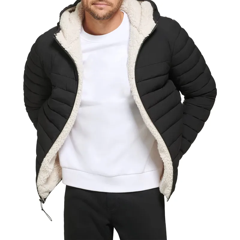 Men's Fleece-Lined Puffer Jacket — 3 Colourways — Black, worn open, fleece lining showing