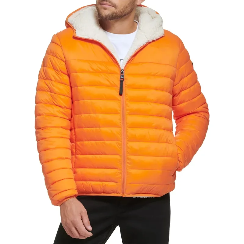 Men's Fleece-Lined Puffer Jacket — 3 Colourways — Orange, worn front view