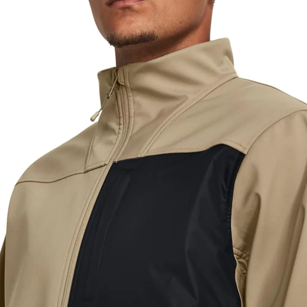 Men’s Fleece-Lined Softshell Jacket — Khaki & Black — Khaki & Black, collar close-up
