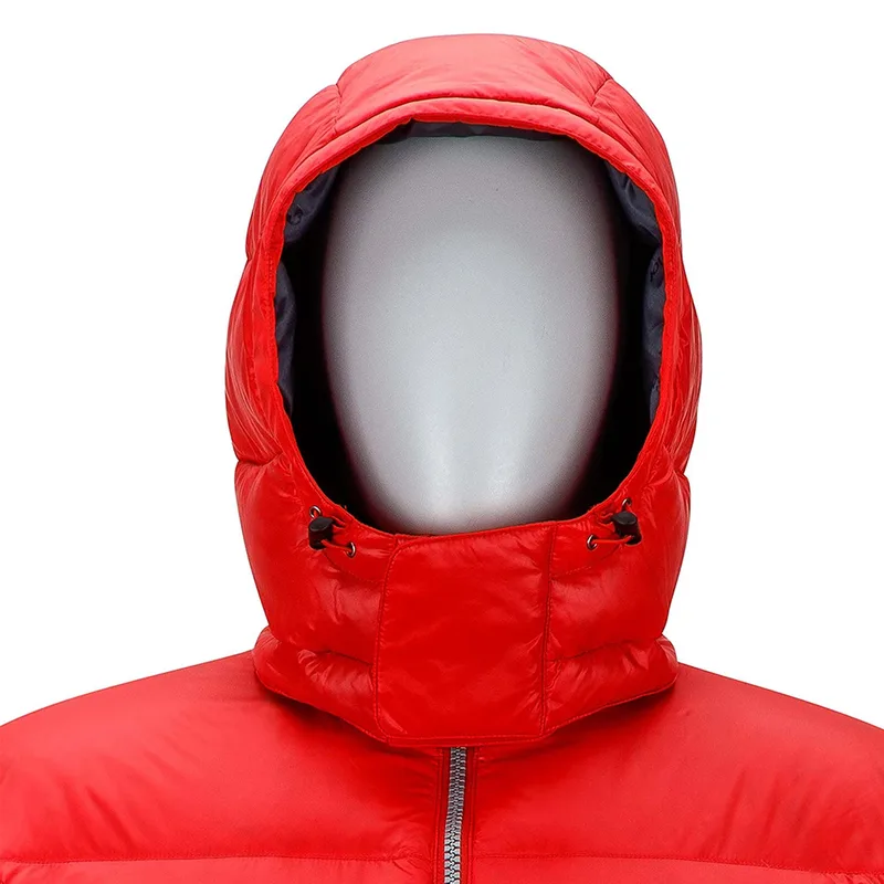 Men's Glossy Bubble Down Jacket — 2 Colourways — Red, hood close-up
