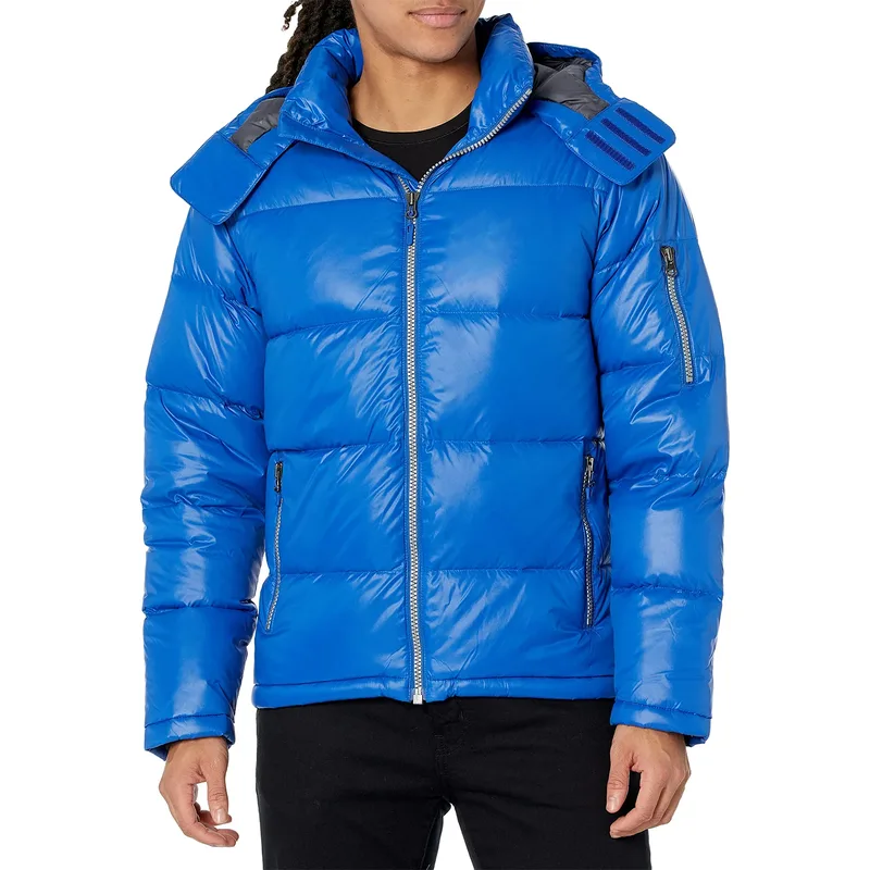 Men's Glossy Bubble Down Jacket — 2 Colourways — Royal Blue, worn front view