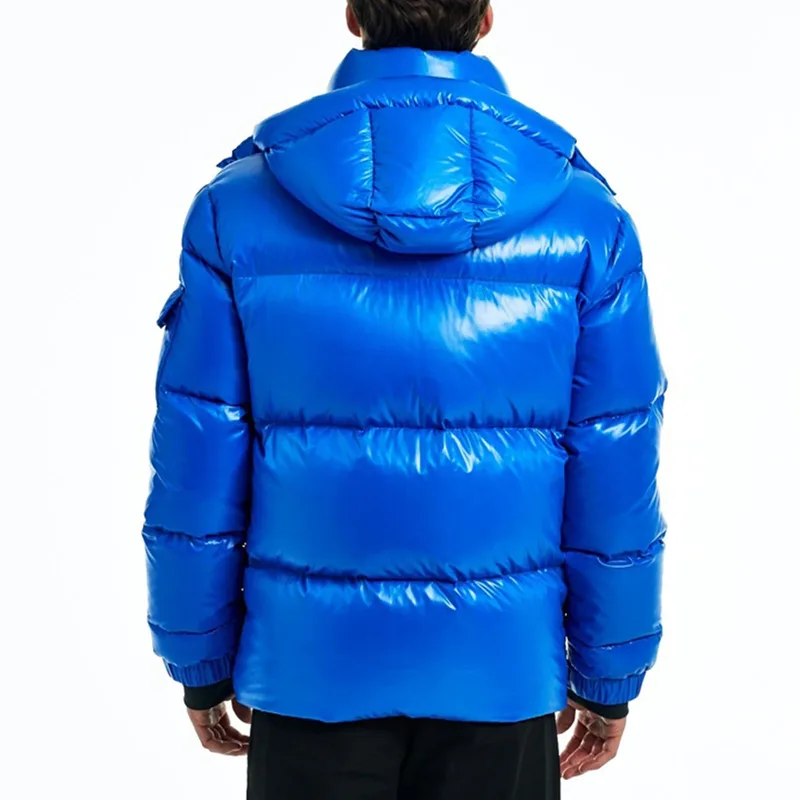 Men's Glossy Hooded Puffer Jacket — 1 Colourway — Royal Blue, worn back view