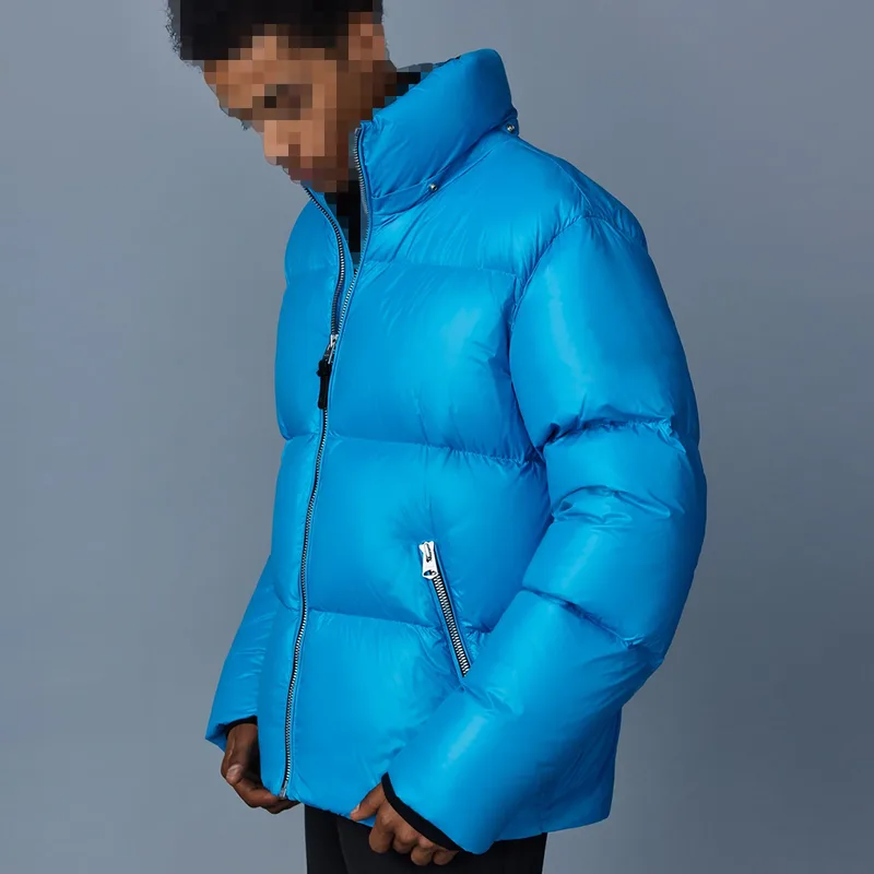 Men's Glossy Puffer Jacket — 2 Colourways — Sky Blue, worn side view