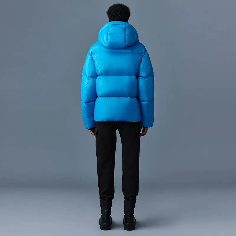 Men's Glossy Puffer Jacket — 2 Colourways — Sky Blue, worn back view