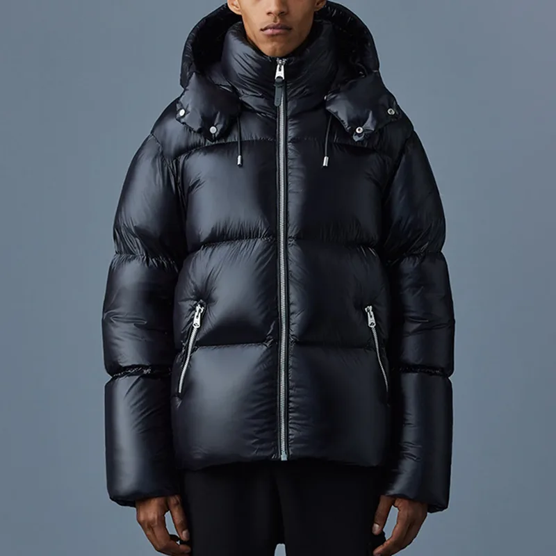Men's Glossy Puffer Jacket — 2 Colourways — Black, worn front view