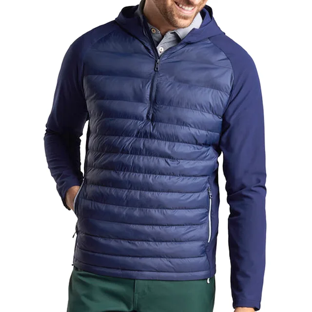 Men’s Half-Zip Hooded Hybrid Jacket — Navy — Navy, front view, worn