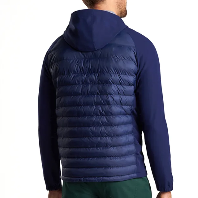 Men’s Half-Zip Hooded Hybrid Jacket — Navy — Navy, back view, worn