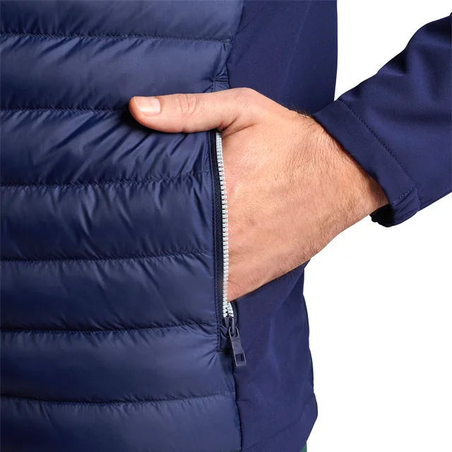 Men’s Half-Zip Hooded Hybrid Jacket — Navy — Navy, zip pocket close-up, worn