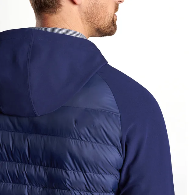Men’s Half-Zip Hooded Hybrid Jacket — Navy — Navy, hood and shoulder close-up, worn