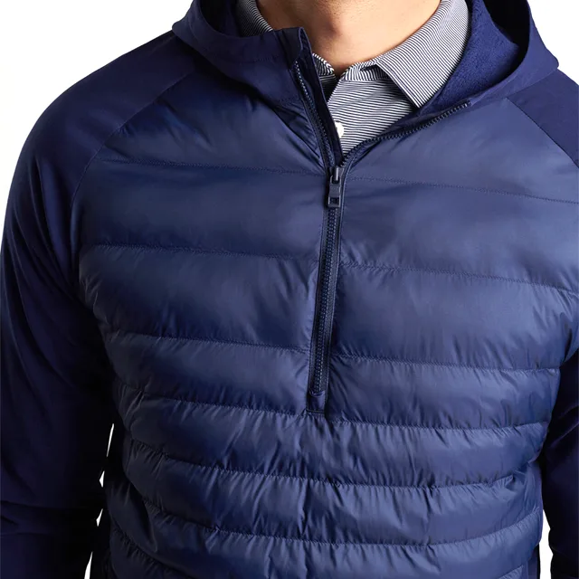 Men’s Half-Zip Hooded Hybrid Jacket — Navy — Navy, half-zip collar close-up, worn