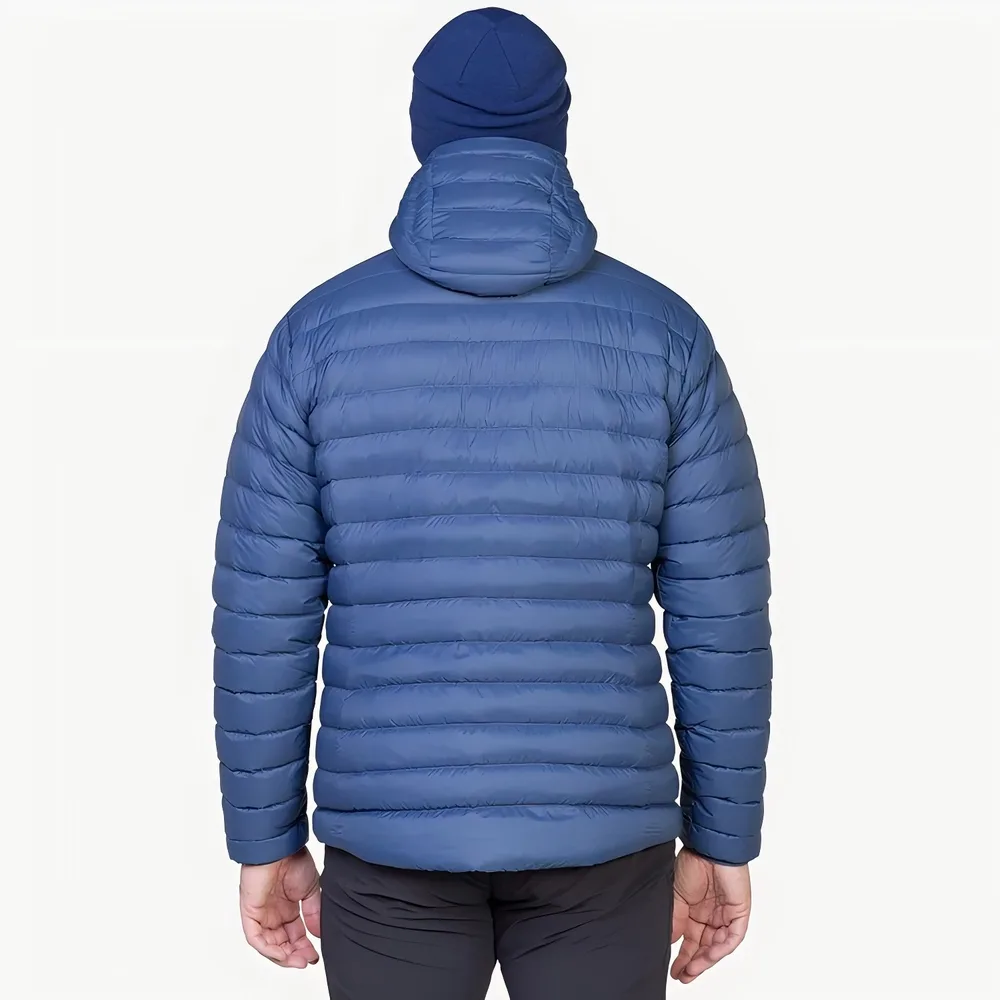 Men’s Half-Zip Quilted Jacket — Blue — Blue, back view, worn with beanie