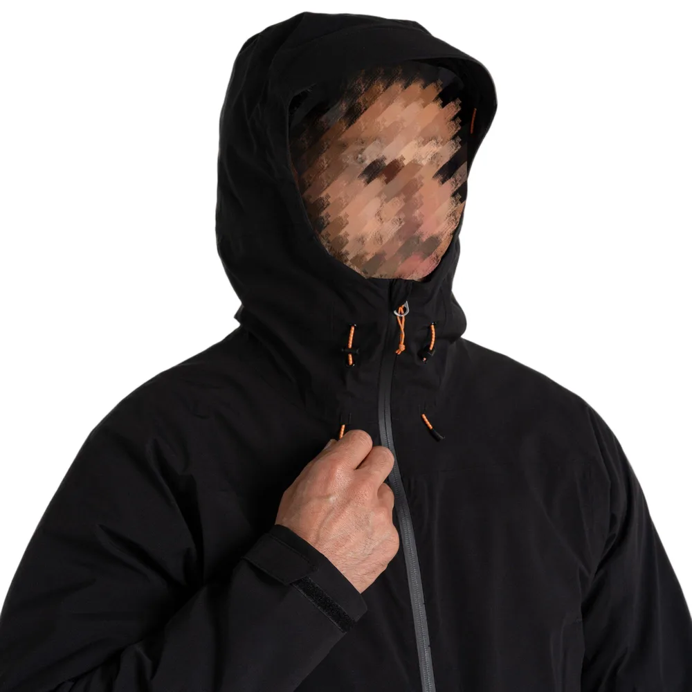 Men’s Hardshell Jacket — 5 Colourways — Black, worn view, hood up