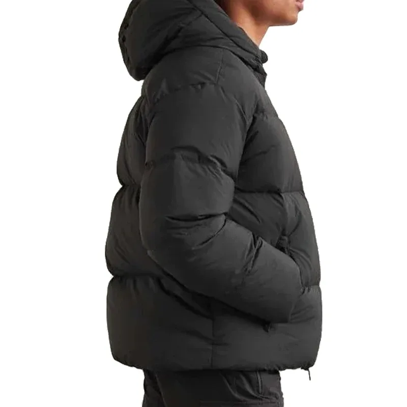 Men's Hooded Bubble Puffer Jacket — 3 Colourways — Black, worn side view