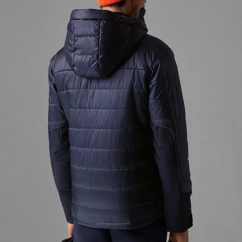 Men's Hooded Chevron Down Jacket — 1 Colourway — Navy, worn back view, hood up