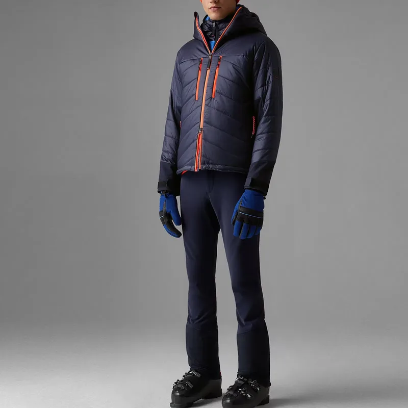 Men's Hooded Chevron Down Jacket — 1 Colourway — Navy, worn front view with ski gloves