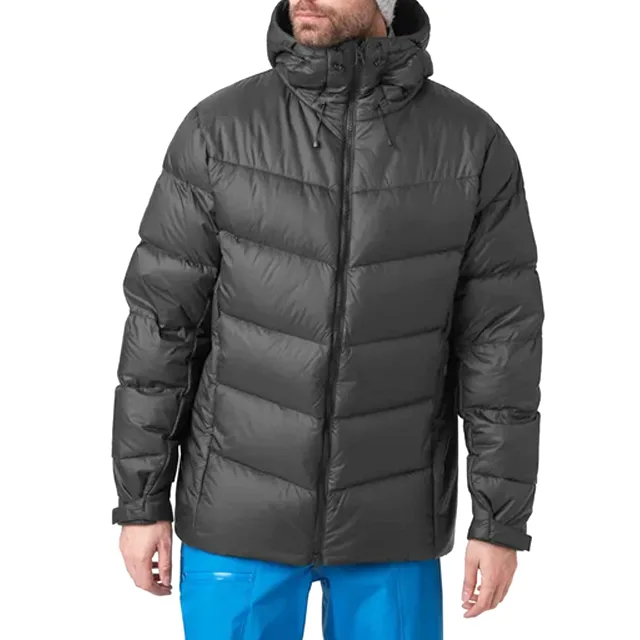 Men’s Hooded Chevron Puffer Jacket — Black — Black, front view, worn