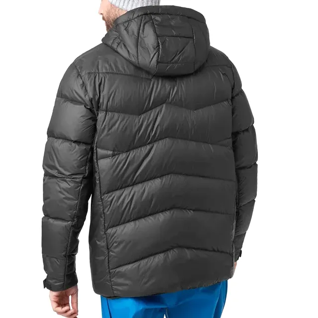 Men’s Hooded Chevron Puffer Jacket — Black — Black, back view, worn
