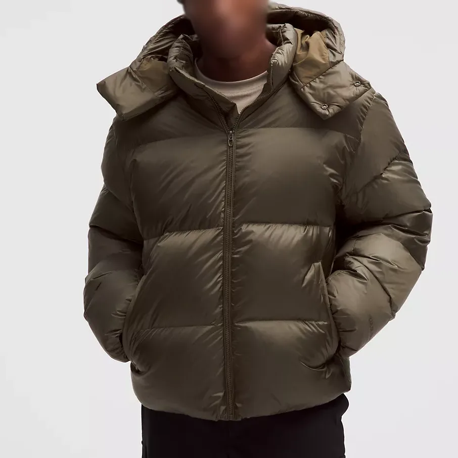 Men’s Hooded Cotton-Filled Puffer Jacket — 4 Colourways — Olive Brown, front view, worn