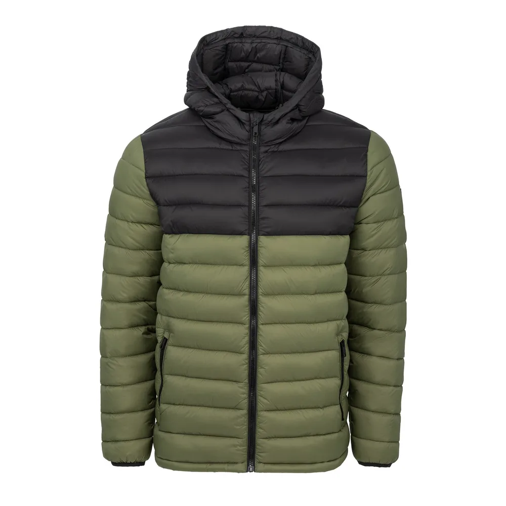 Men’s Hooded Cotton-Filled Puffer Jacket — Army Green & Black — Army Green & Black, front view