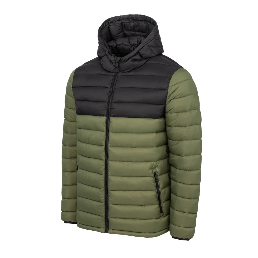 Men’s Hooded Cotton-Filled Puffer Jacket — Army Green & Black — Army Green & Black, front view at an angle