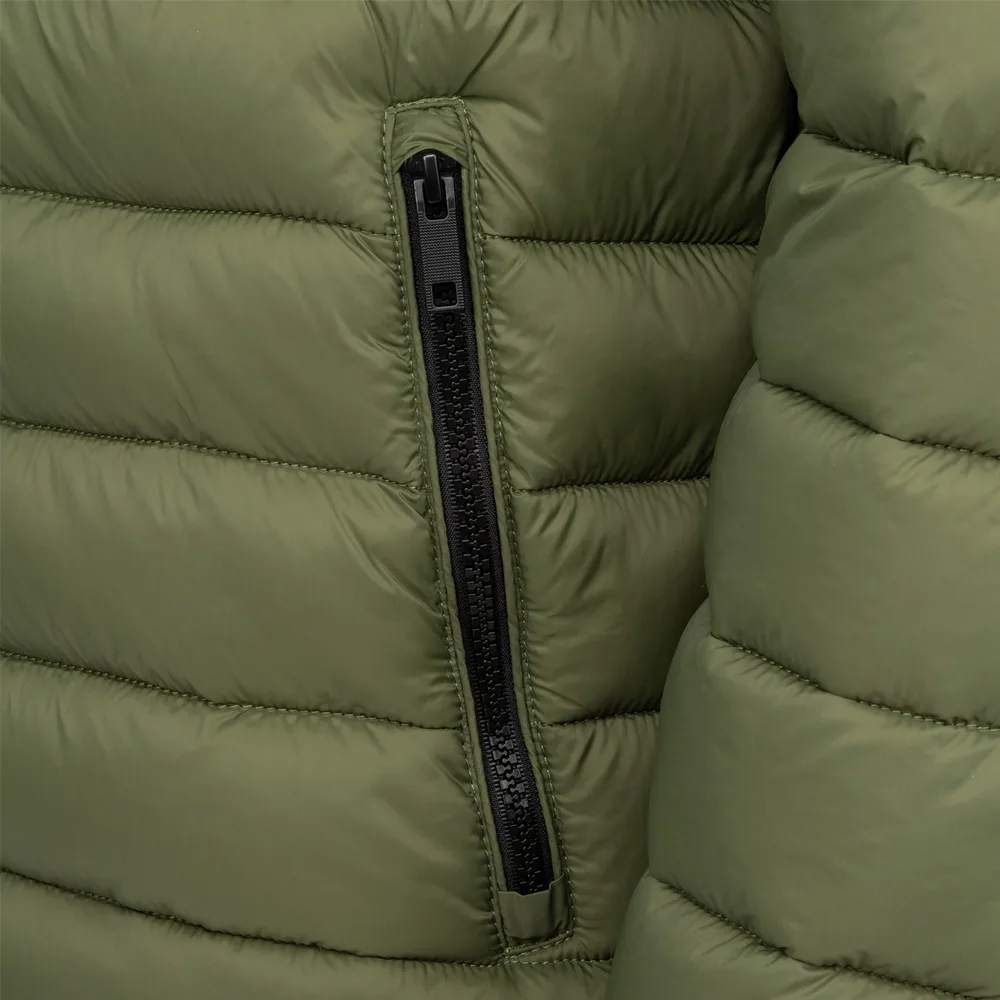 Men’s Hooded Cotton-Filled Puffer Jacket — Army Green & Black — Army Green & Black, pocket detail