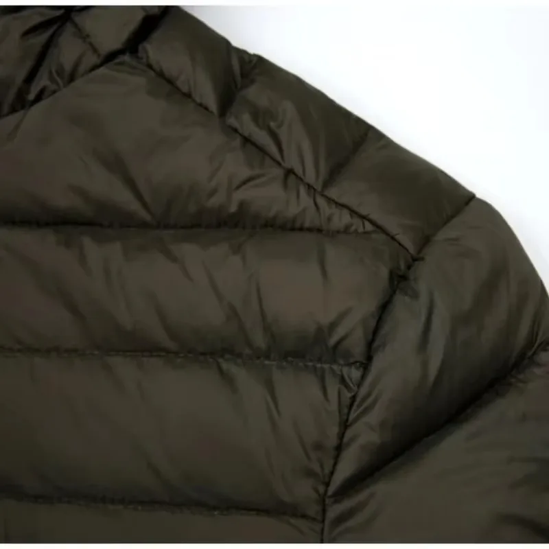 Men’s Hooded Down Jacket — Dark Olive — Dark Olive, baffle close-up