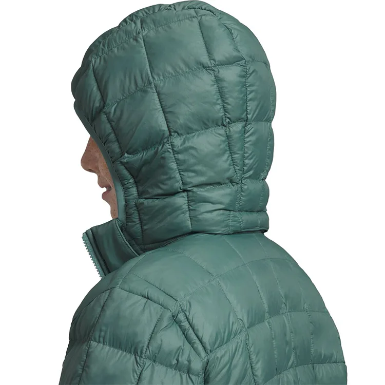 Men’s Hooded Down Jacket — Sage Green — Sage Green, hood detail, worn
