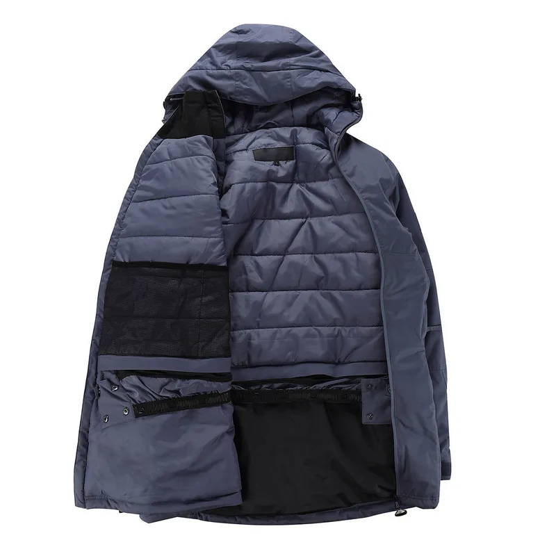 Men's Hooded Down Puffer Jacket — Navy — Navy, open view, showing the quilted lining and snow skirt