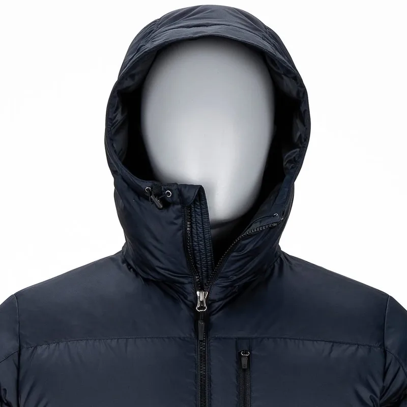 Men's Hooded Duck Down Puffer Jacket — 3 Colourways — Navy, hood close-up on mannequin