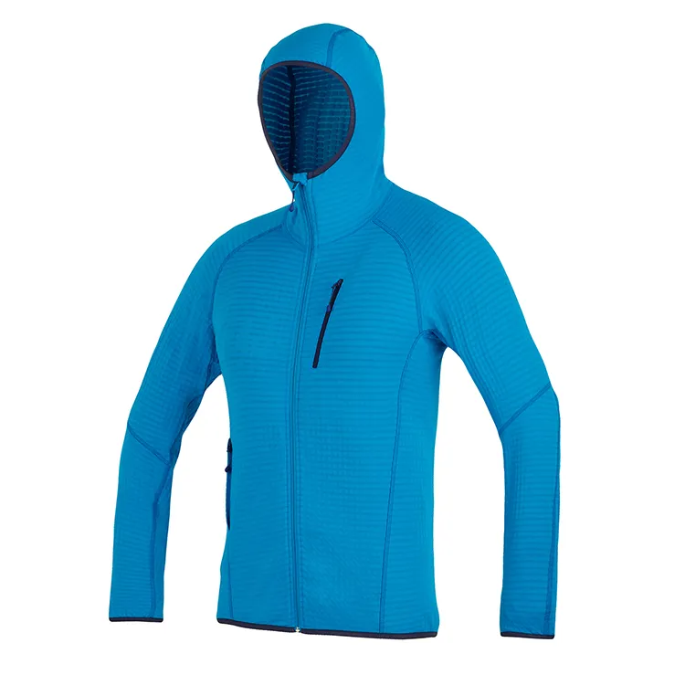 Men’s Hooded Fleece Jacket — Blue, Red & Black — Blue, front view, hood up