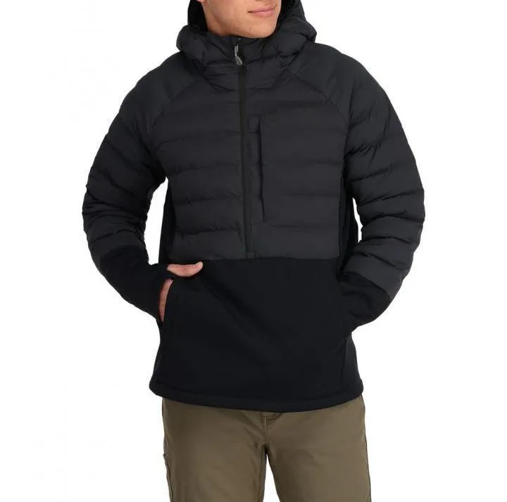Men’s Hooded Half-Zip Hybrid Jacket — Black & Charcoal — Black & Charcoal, front view, worn, hands in kangaroo pocket